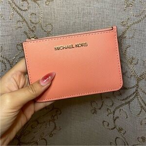 NWT Michael Kors Coral Pink Cardholder Zip Wallet